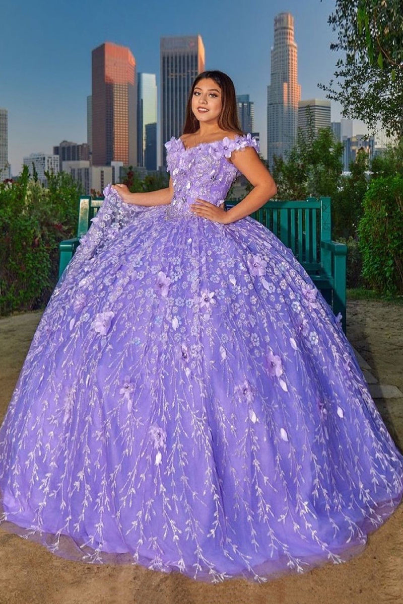 Load image into Gallery viewer, Purple Spaghetti Straps Long Quinceanera Dress with Floral Appliques