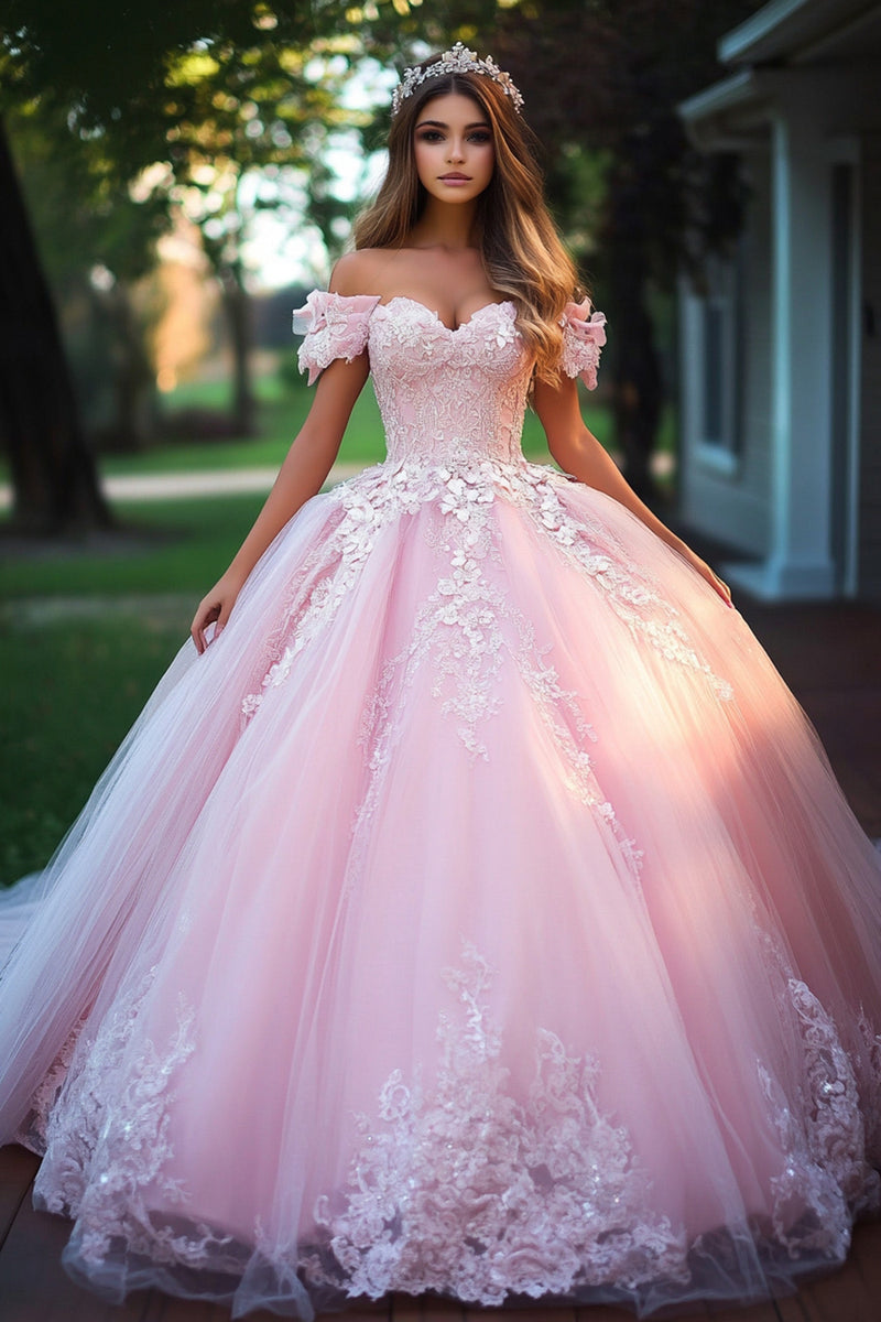 Load image into Gallery viewer, Pink Tulle Floral Appliques Long Quinceanera Dress with Off the Shoulder