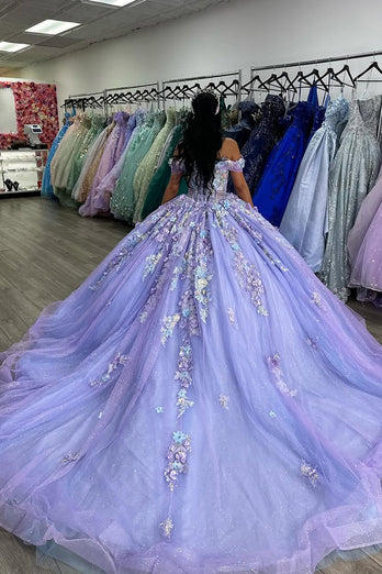 Sparkly Appliques Lilac Off the Shoulder Long Quinceanera Dress with Sequins