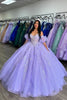 Load image into Gallery viewer, Lilac Appliques Glitter Off the Shoulder Sequined Ruffles Quinceanera Dress with Bow