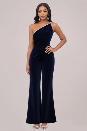 Velvet Navy Women's Jumpsuits with Rhinestone