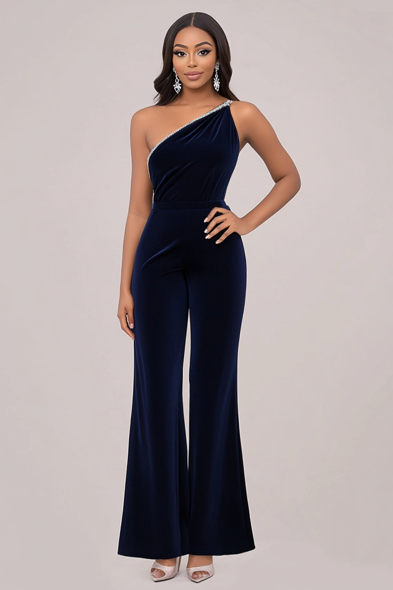 Load image into Gallery viewer, Velvet Navy Women&#39;s Jumpsuits with Rhinestone