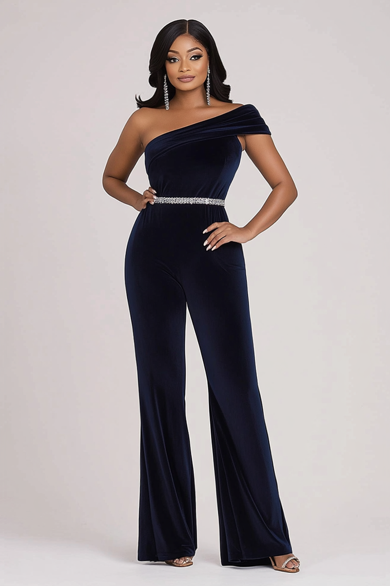 Load image into Gallery viewer, Sparkly Navy One Shoulder Bodycon Velvet Beaded Prom Jumpsuit