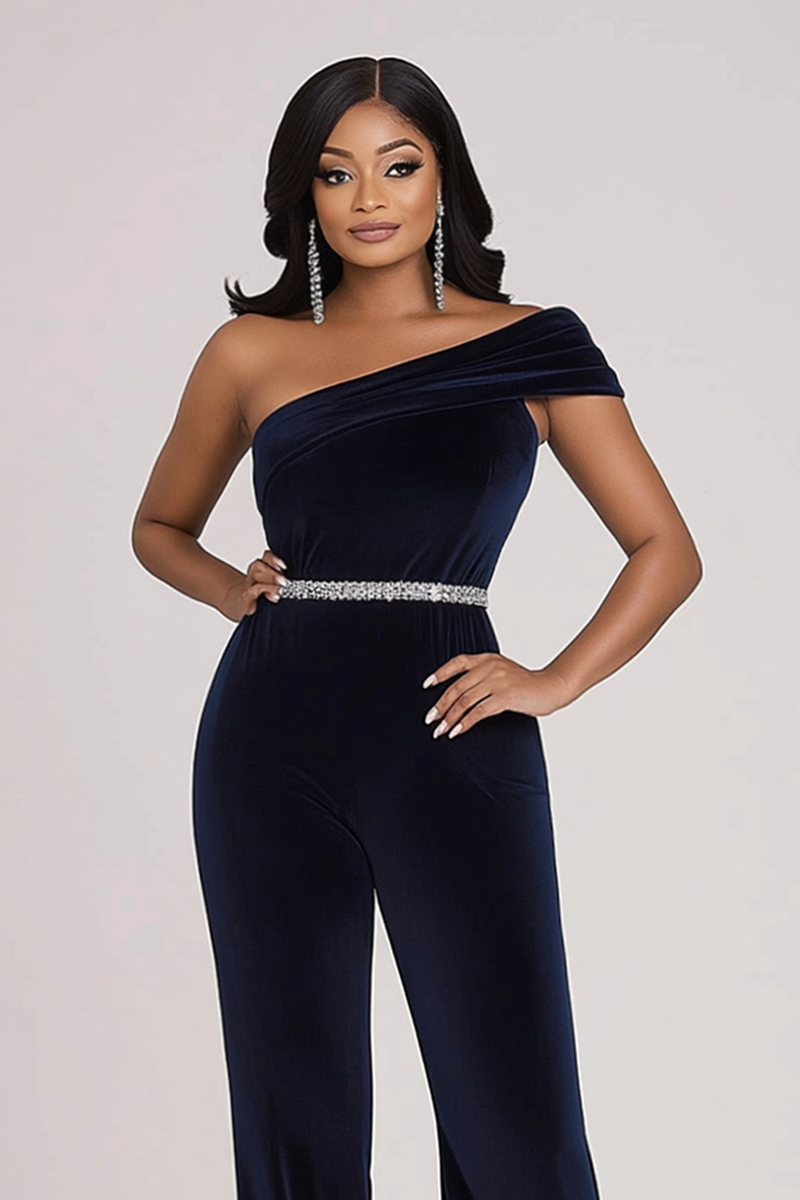 Load image into Gallery viewer, Sparkly Navy One Shoulder Bodycon Velvet Beaded Prom Jumpsuit