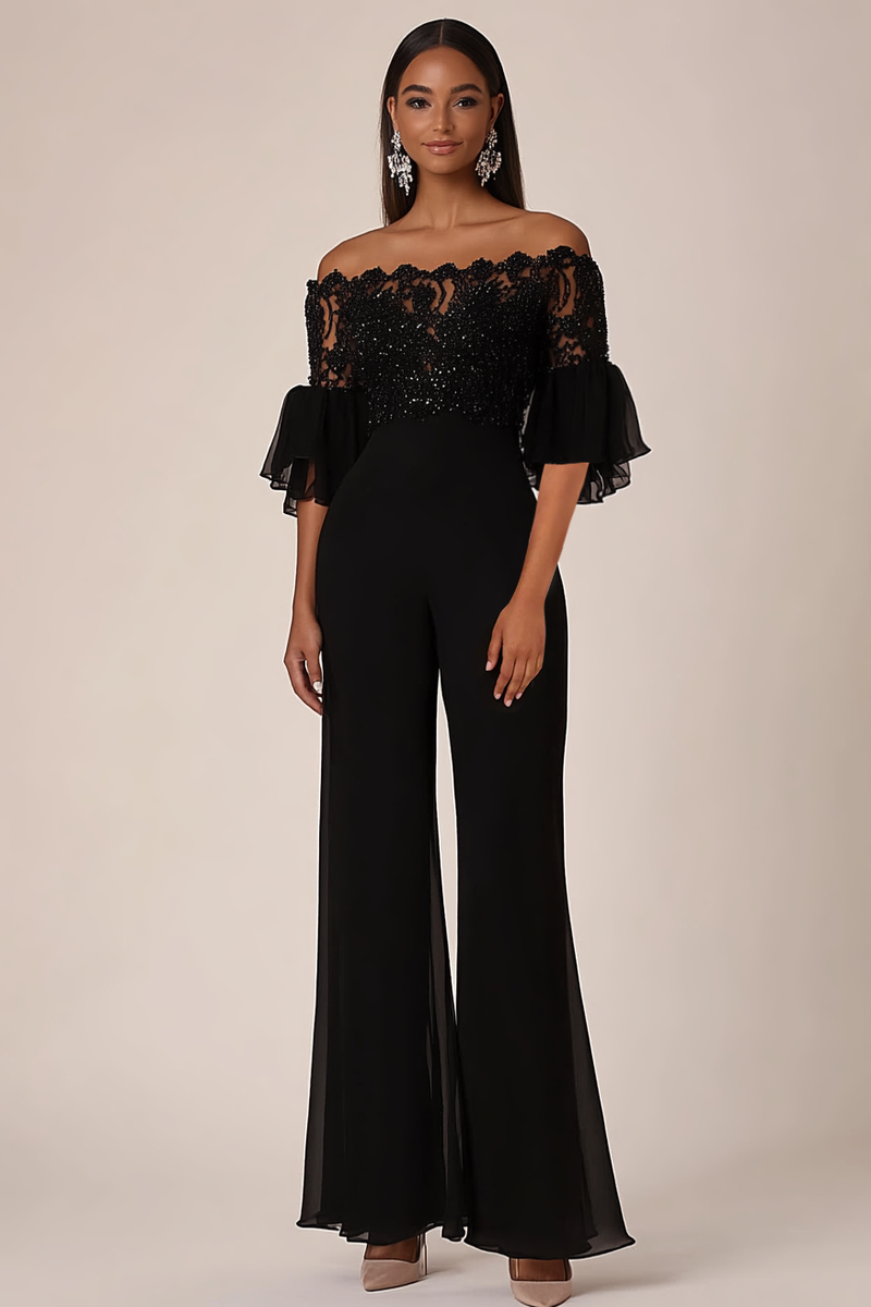 Load image into Gallery viewer, Black Off the Shoulder Half Sleeves Chiffon Long Jumpsuits