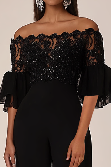 Load image into Gallery viewer, Black Off the Shoulder Half Sleeves Chiffon Long Jumpsuits