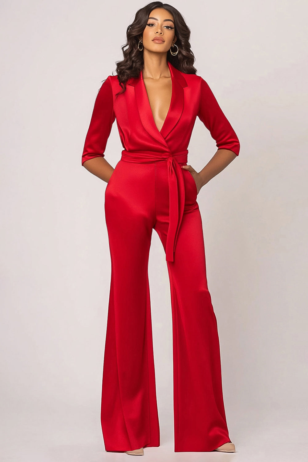 Red Shawl Lapel Long Sleeves Satin Formal Jumpsuits