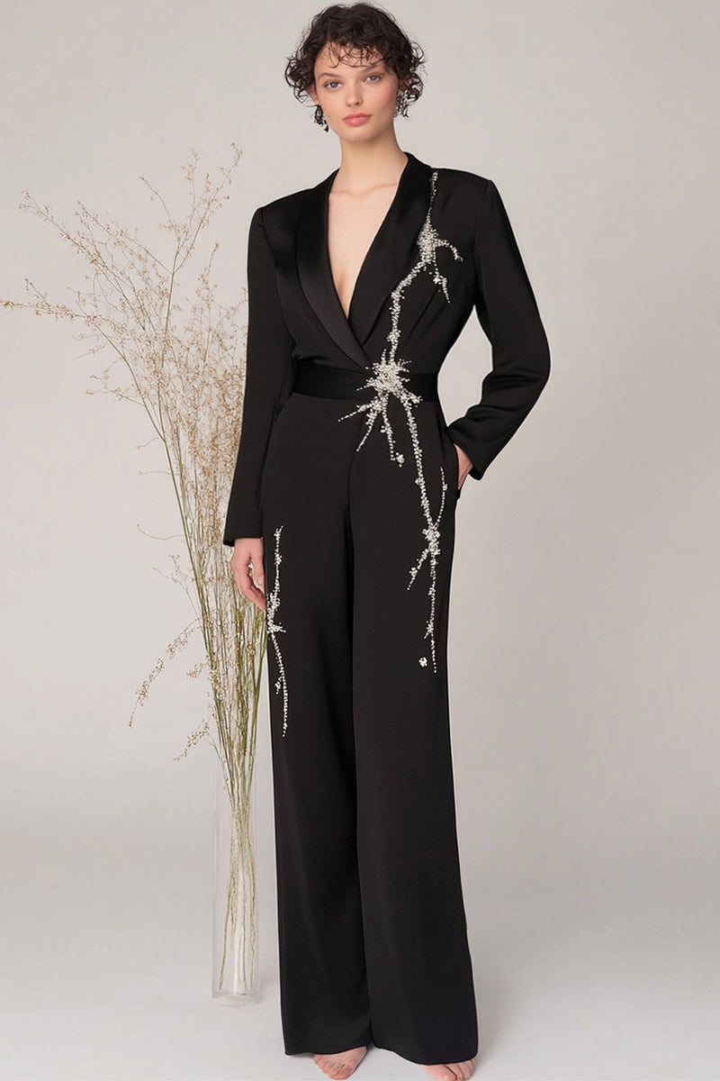 Load image into Gallery viewer, Black Shawl Lapel Satin Long Sleeves Formal Jumpsuits with Beading