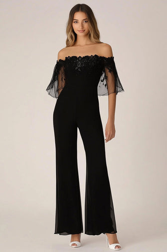 Black Off the Shoulder Chiffon Formal Jumpsuits with Appliques