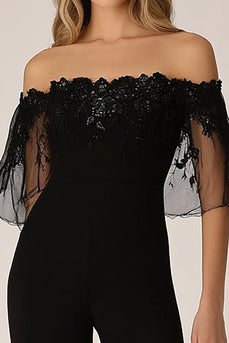 Black Off the Shoulder Chiffon Formal Jumpsuits with Appliques