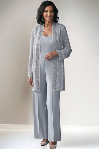 Light Grey 2 Piece Lace Mother of Bride Pant Suits