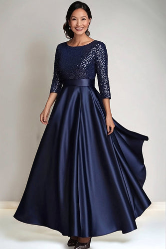 Sparkly A Line Sequin Long Sleeves Navy Long Mother of The Bride Dress