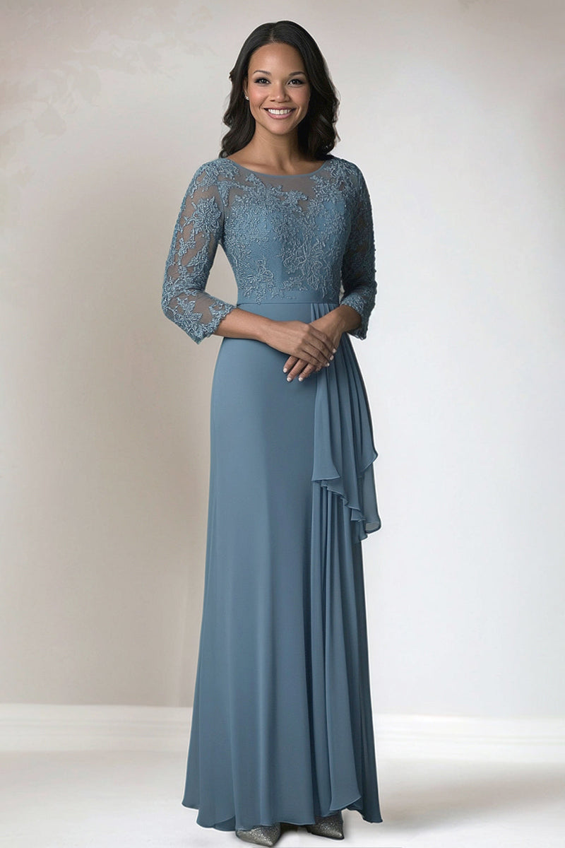 Load image into Gallery viewer, Dusty Blue 3/4 Sleeve Lace Chiffon Mother of The Bride Dress