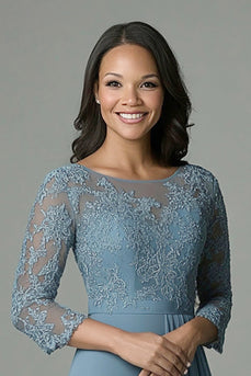 Dusty Blue 3/4 Sleeve Lace Chiffon Mother of The Bride Dress