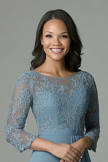 Dusty Blue 3/4 Sleeve Lace Chiffon Mother of The Bride Dress