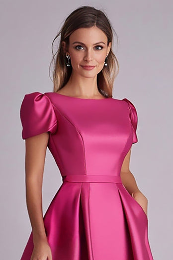 Fuchsia A Line Puff Sleeves Mother of the Bride Dress