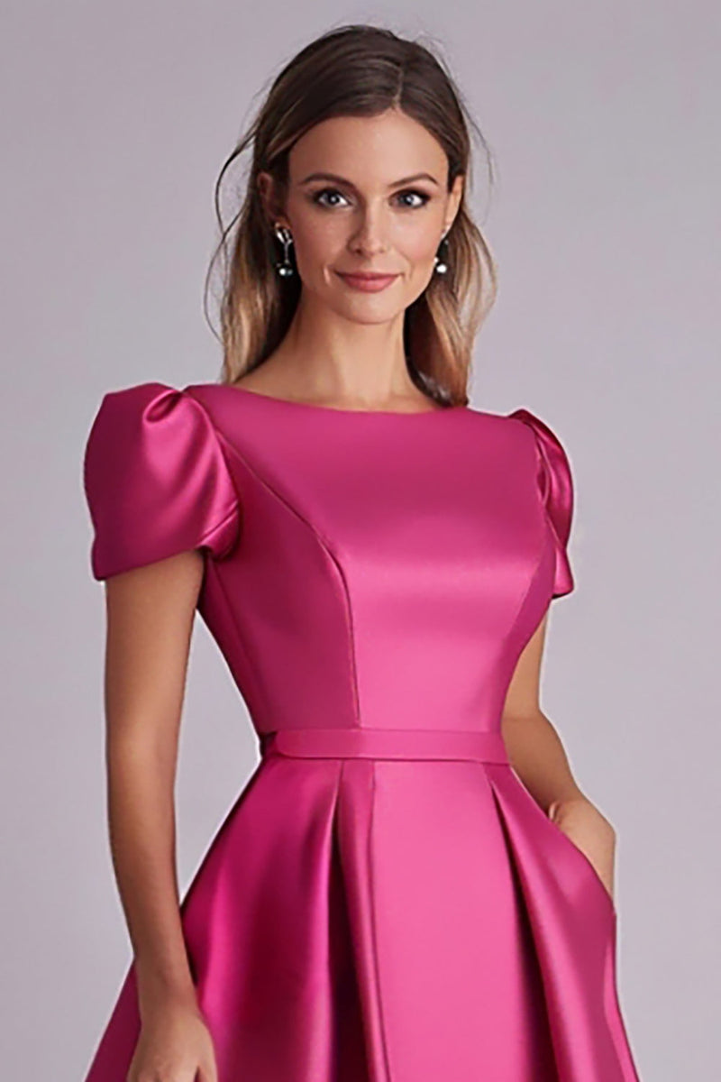 Load image into Gallery viewer, Fuchsia A Line Puff Sleeves Mother of the Bride Dress