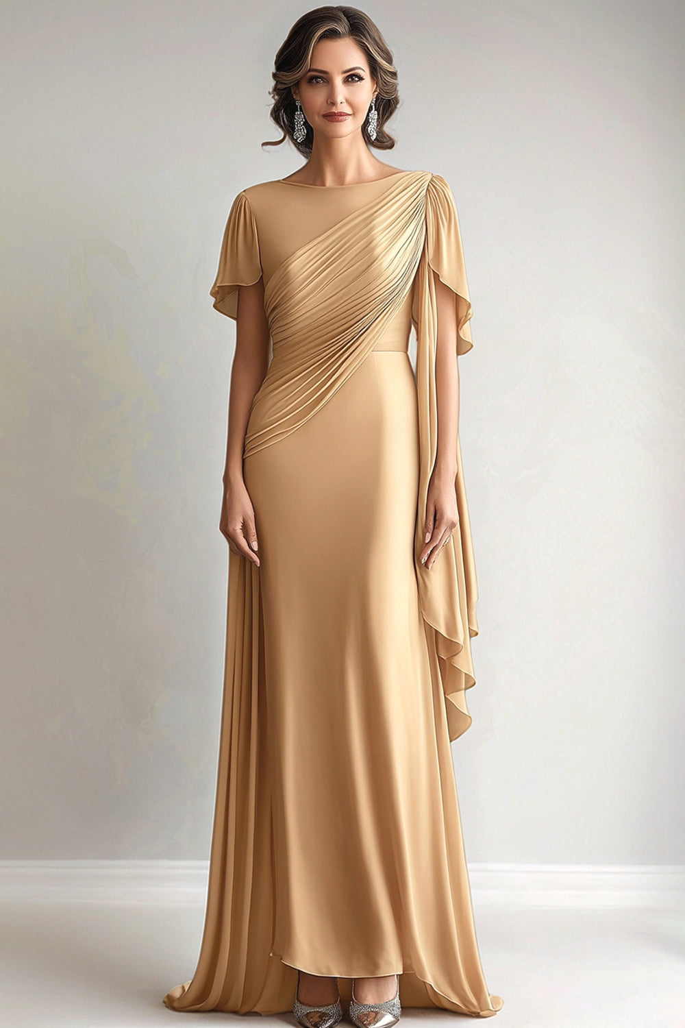 Elegant Golden Ruched Mother of the Bride Dress with Short Sleeves