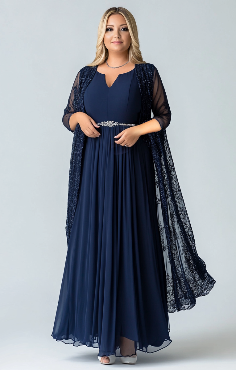 Load image into Gallery viewer, Navy Ruched Chiffon A Line Long Sleeves Mother of The Bride Dress with Shawl