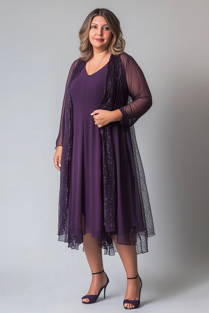 Load image into Gallery viewer, Sparkly Purple Chiffon A Line V Neck Long Sleeves Mother of The Bride Dress