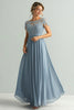 Load image into Gallery viewer, Lace A Line Dusty Blue Chiffon Round Neck Short Sleeves Mother of The Bride Dress