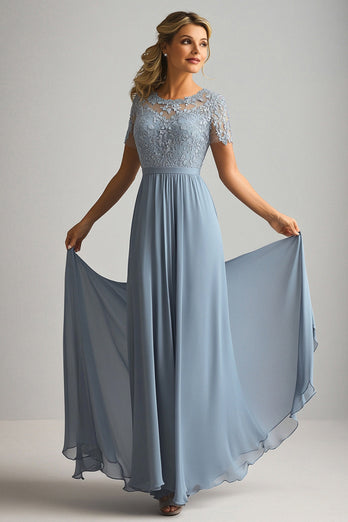 Lace A Line Dusty Blue Chiffon Round Neck Short Sleeves Mother of The Bride Dress