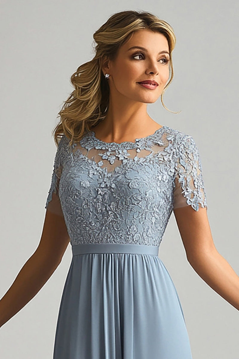 Load image into Gallery viewer, Lace A Line Dusty Blue Chiffon Round Neck Short Sleeves Mother of The Bride Dress