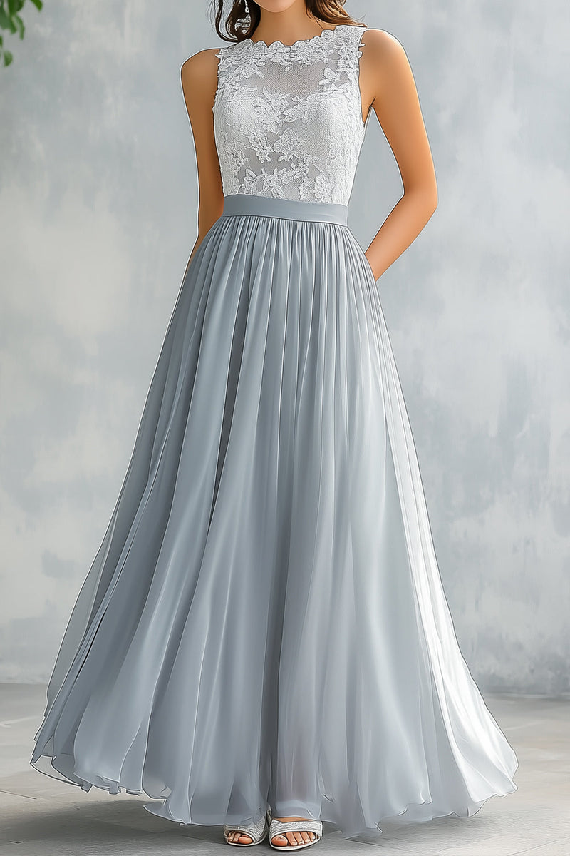 Load image into Gallery viewer, Light Grey A Line Lace Chiffon Long Bridesmaid Dress