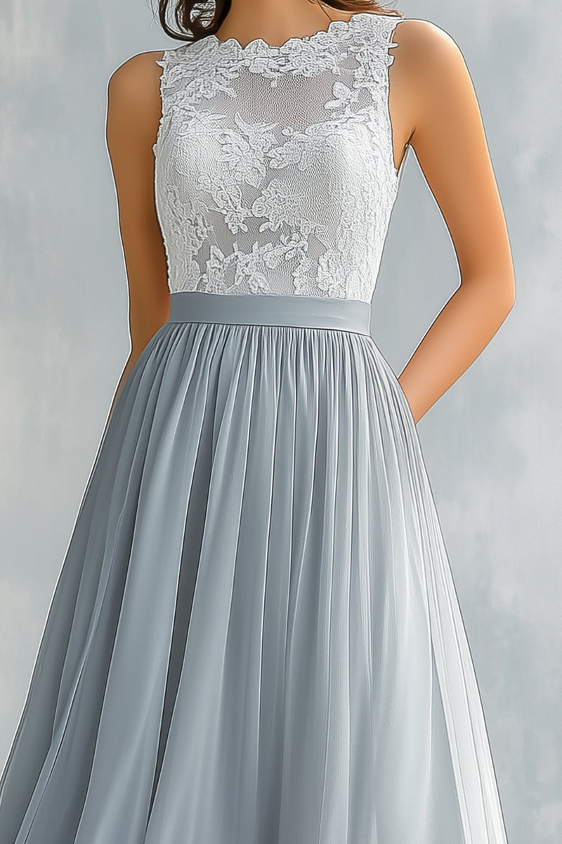 Load image into Gallery viewer, Light Grey A Line Lace Chiffon Long Bridesmaid Dress