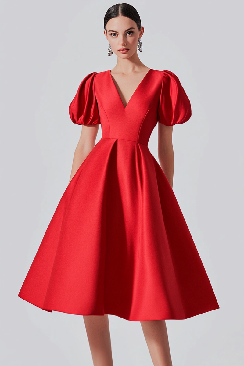 Load image into Gallery viewer, Red A Line Satin Formal Dress with Puff Sleeves