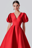 Load image into Gallery viewer, Red A Line Satin Formal Dress with Puff Sleeves