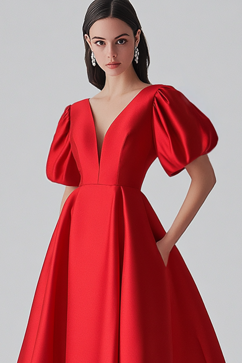 Load image into Gallery viewer, Red A Line Satin Formal Dress with Puff Sleeves