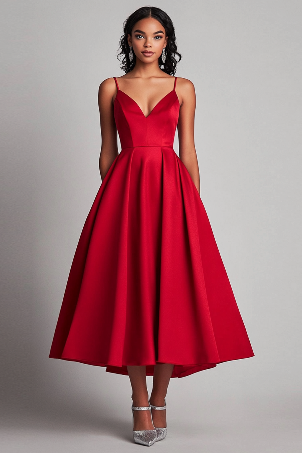 Red Satin A-Line Tea Length Formal Dress