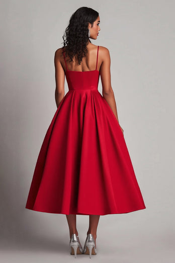 Red Satin A-Line Tea Length Formal Dress