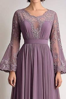 Lace Chiffon Taro Purple Mother Of Bride Dress with Long Sleeves