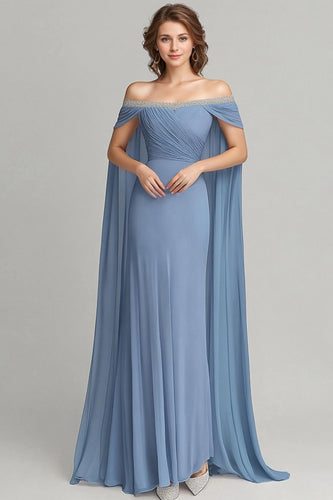 Grey Blue Chiffon Off the Shoulder Side Cape Mother of the Bride Dress