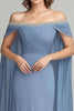 Load image into Gallery viewer, Grey Blue Chiffon Off the Shoulder Side Cape Mother of the Bride Dress