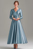 Load image into Gallery viewer, A Line Grey Blue V Neck Mother Of the Bride Dress with Long Sleeves