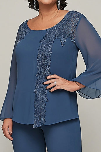 Floral Appliques Dark Blue Tulle Long Sleeves Mother of the Bride Outfits