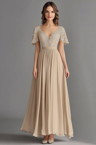 Champagne V Neck Appliques A Line Pleated Mother of the Bride Dress