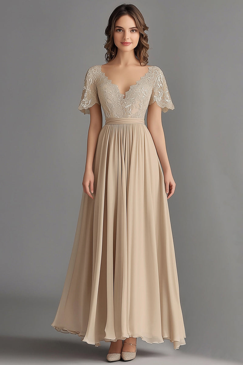 Load image into Gallery viewer, Champagne V Neck Appliques A Line Pleated Mother of the Bride Dress