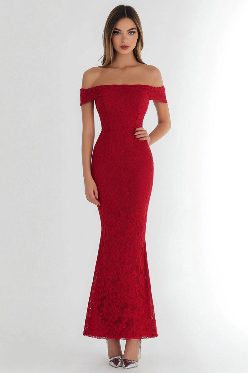 Load image into Gallery viewer, Red Lace Off the Shoulder Prom Dress