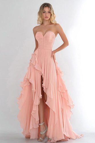 Pink A Line Chiffon Ruffled Long Prom Dress