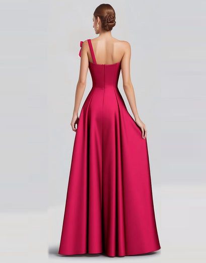 Fuchsia A-Line One Shoulder Bow Satin Long Formal Dress