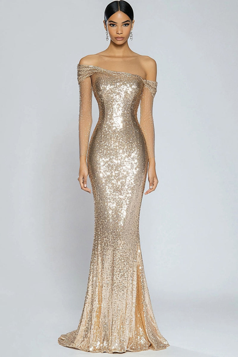 Load image into Gallery viewer, Sparkly Champagne Mermaid Off the Shoulder Sequins Long Formal Dress