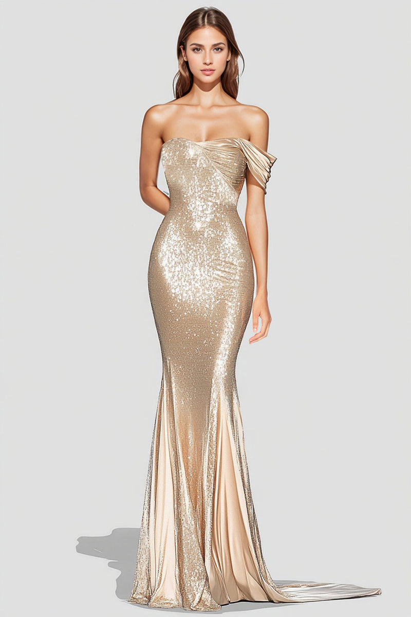 Load image into Gallery viewer, Sparkly Mermaid Champagne Off Shoulder Pleated Formal Dress with Sequins