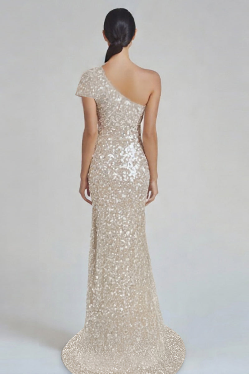 Load image into Gallery viewer, Sparkly Champagne Mermaid One Shoulder Formal Dress with Sequins