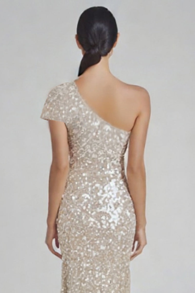 Load image into Gallery viewer, Sparkly Champagne Mermaid One Shoulder Formal Dress with Sequins