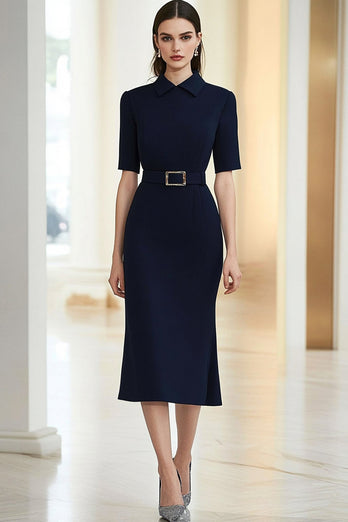 Navy Polo Collar Mediumsleeves Midi Formal Dress