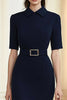 Load image into Gallery viewer, Navy Polo Collar Mediumsleeves Midi Formal Dress